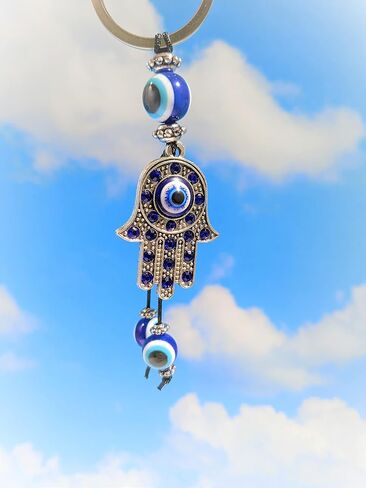 Blue Evil Eye Silver Palm Hamsa Keychain Hand Fatima Protection Charm Key holder Good Luck Keychain - Amulet Good Fortune, Luck & Blessing - Home Hand Bag Rear View Mirror Hanging (1.5"x4") in Saudi Arabia