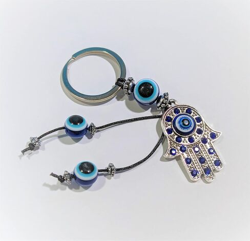 Blue Evil Eye Silver Palm Hamsa Keychain Hand Fatima Protection Charm Key holder Good Luck Keychain - Amulet Good Fortune, Luck & Blessing - Home Hand Bag Rear View Mirror Hanging (1.5"x4") in Saudi Arabia