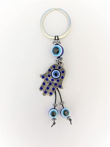 Blue Evil Eye Silver Palm Hamsa Keychain Hand Fatima Protection Charm Key holder Good Luck Keychain - Amulet Good Fortune, Luck & Blessing - Home Hand Bag Rear View Mirror Hanging (1.5"x4") in Saudi Arabia