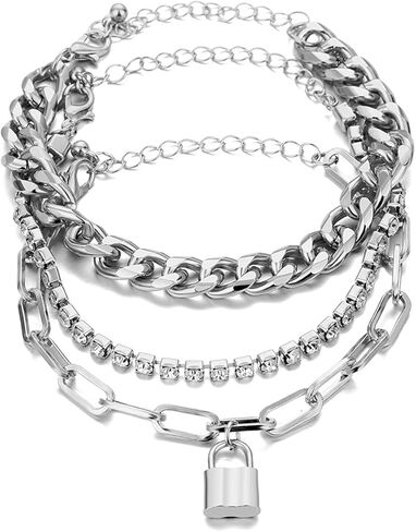 GANGYUN 3 قطع / مجموعة متعددة الطبقات الشرير قفل قفل مفتاح سلسلة مكتنزة مجموعات سوار للنساء قابل للتعديل مشبك ورق التنس Strckable الإسورة سوار معصمه مجوهرات in Kuwait