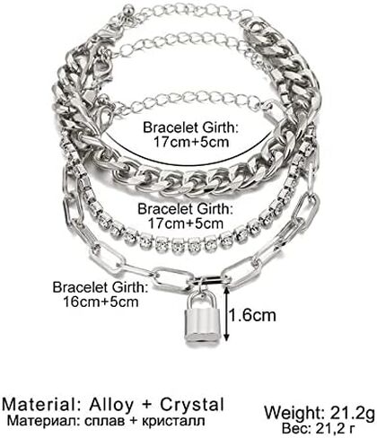 GANGYUN 3 قطع / مجموعة متعددة الطبقات الشرير قفل قفل مفتاح سلسلة مكتنزة مجموعات سوار للنساء قابل للتعديل مشبك ورق التنس Strckable الإسورة سوار معصمه مجوهرات in Kuwait