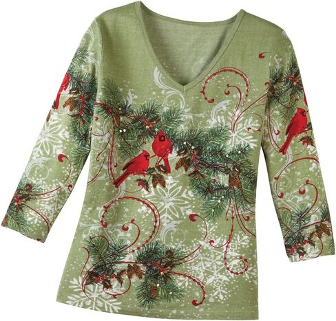 Collections Etc Women's Winter Snowflake Pine Top SAGE Green Large in Saudi Arabia