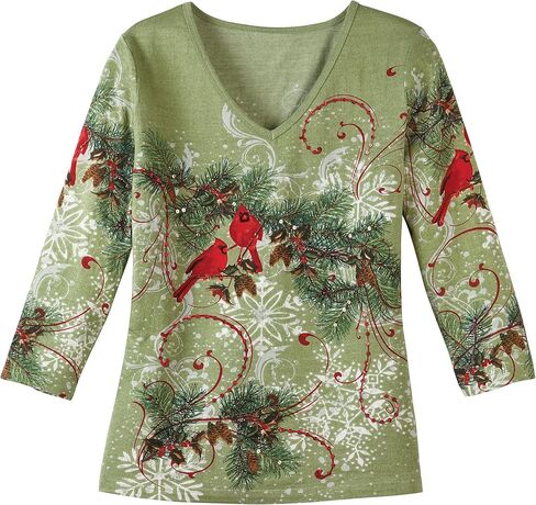 Collections Etc Women's Winter Snowflake Pine Top SAGE Green Large in Saudi Arabia