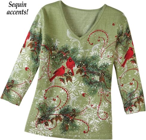 Collections Etc Women's Winter Snowflake Pine Top SAGE Green Large in Saudi Arabia