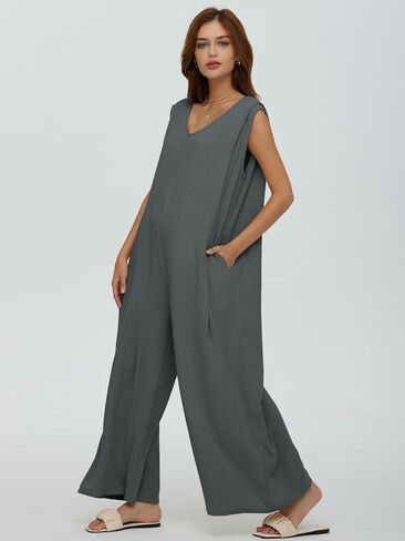 جمبسوت نسائي صيفي غير رسمي من DEEP SELF بدون أكمام ورقبة على شكل V وأرجل واسعة وطويلة فضفاضة مع جيوب in Kuwait