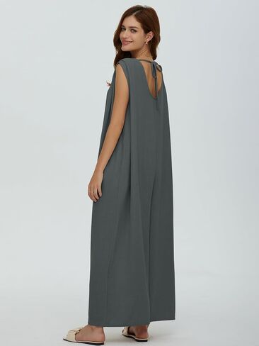 جمبسوت نسائي صيفي غير رسمي من DEEP SELF بدون أكمام ورقبة على شكل V وأرجل واسعة وطويلة فضفاضة مع جيوب in Kuwait