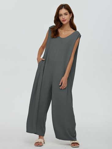 جمبسوت نسائي صيفي غير رسمي من DEEP SELF بدون أكمام ورقبة على شكل V وأرجل واسعة وطويلة فضفاضة مع جيوب in Kuwait