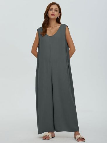 جمبسوت نسائي صيفي غير رسمي من DEEP SELF بدون أكمام ورقبة على شكل V وأرجل واسعة وطويلة فضفاضة مع جيوب in Kuwait