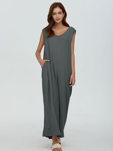 جمبسوت نسائي صيفي غير رسمي من DEEP SELF بدون أكمام ورقبة على شكل V وأرجل واسعة وطويلة فضفاضة مع جيوب in Kuwait