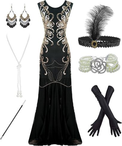 Women's 1920s Sequin Mermaid Hem Maxi Long Formal Ball Gown Costume Set in Saudi Arabia