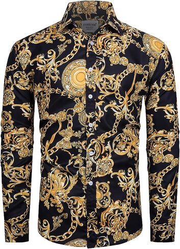 fohemr Mens Luxury Dress Shirts Baroque Gold Chain Print Casual Long Sleeve Button Down buchona Shirt for Party Black in Saudi Arabia