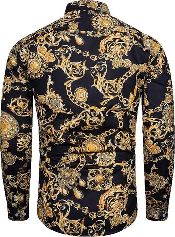 fohemr Mens Luxury Dress Shirts Baroque Gold Chain Print Casual Long Sleeve Button Down buchona Shirt for Party Black in Saudi Arabia