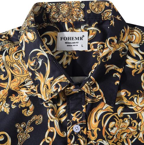 fohemr Mens Luxury Dress Shirts Baroque Gold Chain Print Casual Long Sleeve Button Down buchona Shirt for Party Black in Saudi Arabia