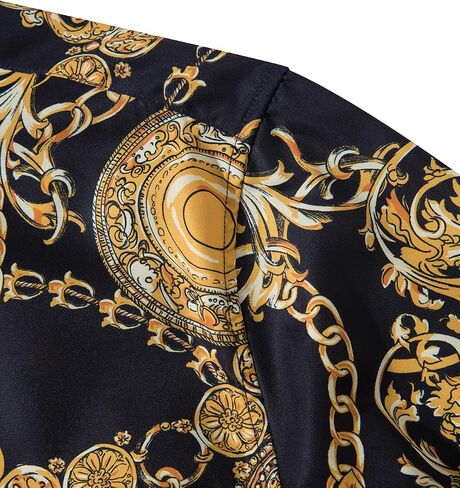 fohemr Mens Luxury Dress Shirts Baroque Gold Chain Print Casual Long Sleeve Button Down buchona Shirt for Party Black in Saudi Arabia