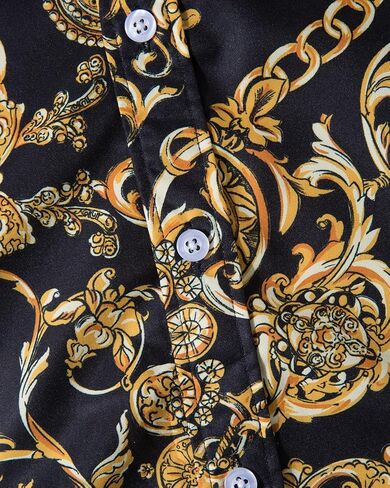 fohemr Mens Luxury Dress Shirts Baroque Gold Chain Print Casual Long Sleeve Button Down buchona Shirt for Party Black in Saudi Arabia
