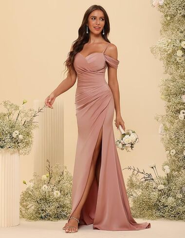 Miao Duo Pleated Satin Bridesmaid Dresses Long with Slit Mermaid Orange Cold Shoulder Formal Dresses for Women 14 in Kuwait