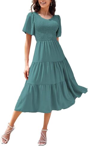 SDEER Women's Smocked Flutter Short Sleeve Midi Dress Summer V Neck Pleated Layered Dress(Blue,L) in Saudi Arabia