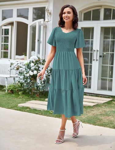 SDEER Women's Smocked Flutter Short Sleeve Midi Dress Summer V Neck Pleated Layered Dress(Blue,L) in Saudi Arabia
