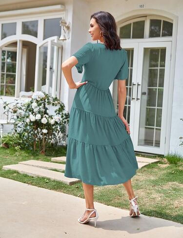 SDEER Women's Smocked Flutter Short Sleeve Midi Dress Summer V Neck Pleated Layered Dress(Blue,L) in Saudi Arabia