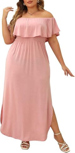 Nemidor Women's Upper Flounce Layer Off Shoulder Plus Size Slit Maxi Dress NEM200 in Kuwait