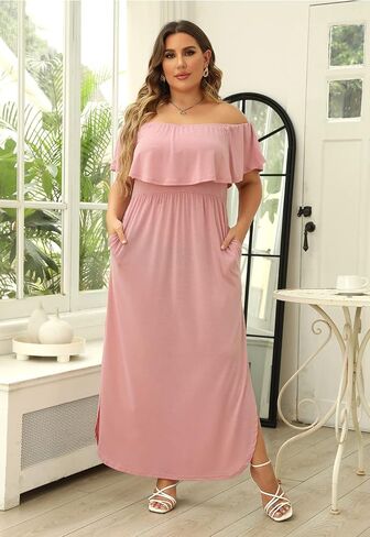 Nemidor Women's Upper Flounce Layer Off Shoulder Plus Size Slit Maxi Dress NEM200 in Kuwait