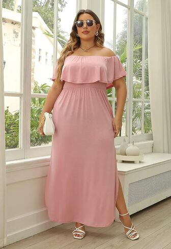 Nemidor Women's Upper Flounce Layer Off Shoulder Plus Size Slit Maxi Dress NEM200 in Kuwait