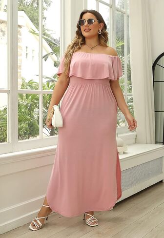 Nemidor Women's Upper Flounce Layer Off Shoulder Plus Size Slit Maxi Dress NEM200 in Kuwait