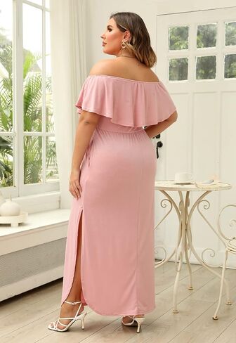 Nemidor Women's Upper Flounce Layer Off Shoulder Plus Size Slit Maxi Dress NEM200 in Kuwait