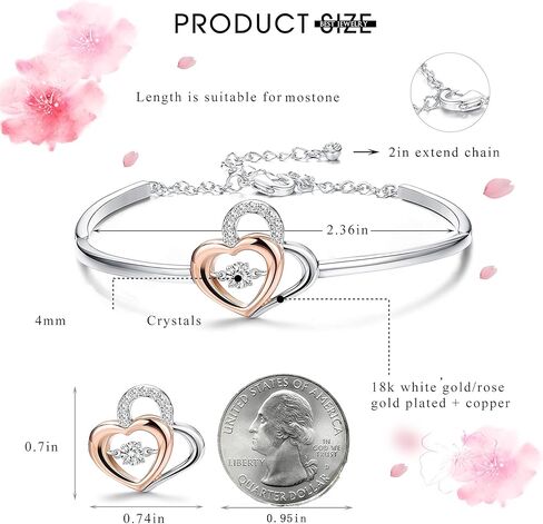 سوار سليس "قلب مع قلب" كريستالي بقلوب مزدوجة سوار مطلي بالذهب الوردي والبلاتين للنساء والأمهات، هدية مجوهرات عيد ميلاد مصنوعة من كريستال سواروفسكي, معدن كريستال in Kuwait