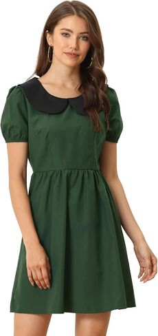 Allegra K Women's Contrast Peter Pan Collar Puff Short Sleeve A-line Dress in Saudi Arabia