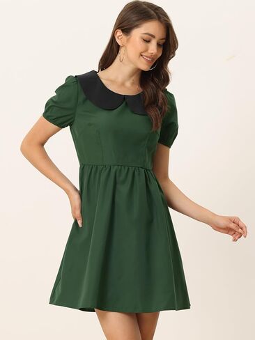Allegra K Women's Contrast Peter Pan Collar Puff Short Sleeve A-line Dress in Saudi Arabia
