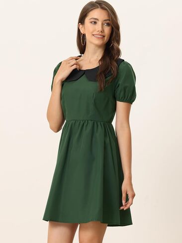 Allegra K Women's Contrast Peter Pan Collar Puff Short Sleeve A-line Dress in Saudi Arabia