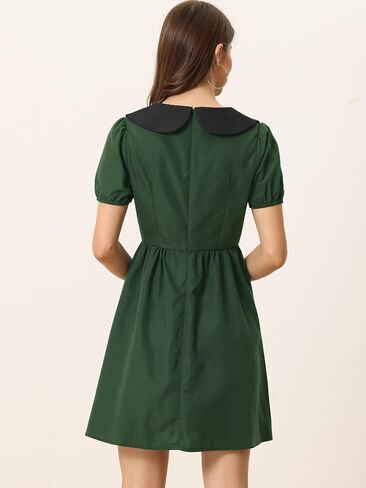 Allegra K Women's Contrast Peter Pan Collar Puff Short Sleeve A-line Dress in Saudi Arabia