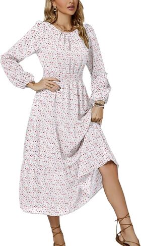 LYANER Women's Crewneck Puff Long Sleeve High Waist Floral Print Swing Flowy Midi Dress in Saudi Arabia