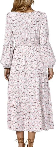 LYANER Women's Crewneck Puff Long Sleeve High Waist Floral Print Swing Flowy Midi Dress in Saudi Arabia