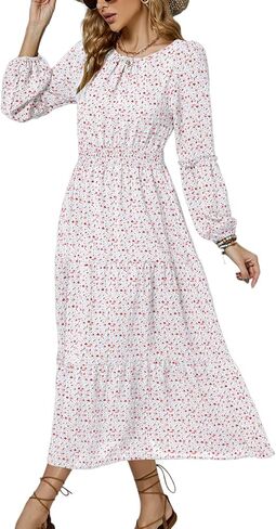 LYANER Women's Crewneck Puff Long Sleeve High Waist Floral Print Swing Flowy Midi Dress in Saudi Arabia