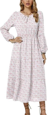 LYANER Women's Crewneck Puff Long Sleeve High Waist Floral Print Swing Flowy Midi Dress in Saudi Arabia