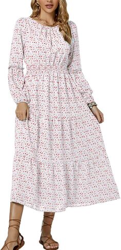LYANER Women's Crewneck Puff Long Sleeve High Waist Floral Print Swing Flowy Midi Dress in Saudi Arabia