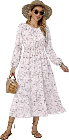 LYANER Women's Crewneck Puff Long Sleeve High Waist Floral Print Swing Flowy Midi Dress in Saudi Arabia