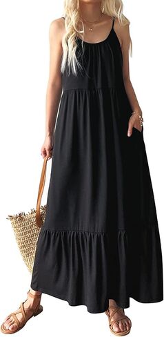 Women's Sleeveless Maxi Dress Spaghetti Strap Summer Casual Loose Tiered Flowy Swing Beach Cami Long Dresses with Pockets Black S in Saudi Arabia