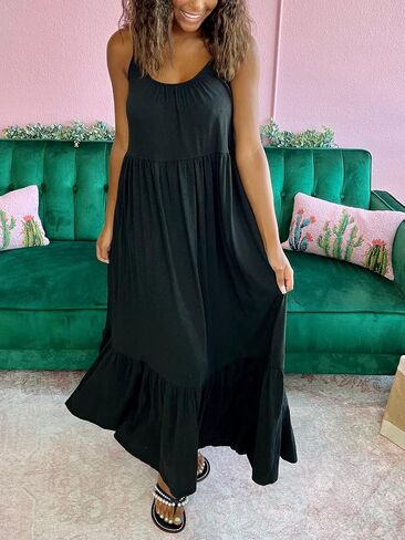 Women's Sleeveless Maxi Dress Spaghetti Strap Summer Casual Loose Tiered Flowy Swing Beach Cami Long Dresses with Pockets Black S in Saudi Arabia