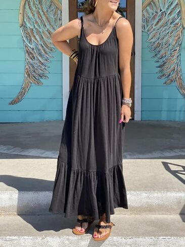 Women's Sleeveless Maxi Dress Spaghetti Strap Summer Casual Loose Tiered Flowy Swing Beach Cami Long Dresses with Pockets Black S in Saudi Arabia