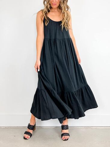 Women's Sleeveless Maxi Dress Spaghetti Strap Summer Casual Loose Tiered Flowy Swing Beach Cami Long Dresses with Pockets Black S in Saudi Arabia