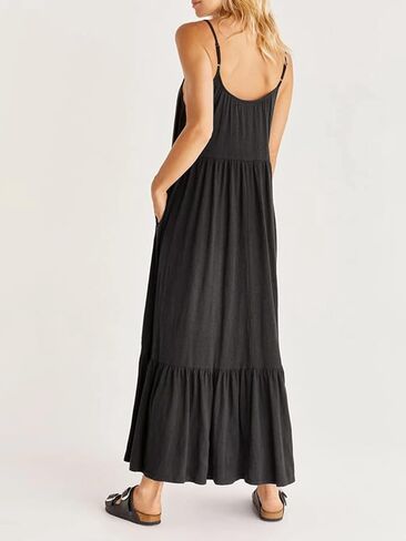 Women's Sleeveless Maxi Dress Spaghetti Strap Summer Casual Loose Tiered Flowy Swing Beach Cami Long Dresses with Pockets Black S in Saudi Arabia