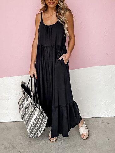 Women's Sleeveless Maxi Dress Spaghetti Strap Summer Casual Loose Tiered Flowy Swing Beach Cami Long Dresses with Pockets Black S in Saudi Arabia