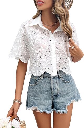 Verdusa Women's Short Sleeve Collar Floral Eyelet Hollow Out Button Front Semi Sheer Blouse in Saudi Arabia