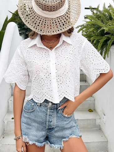 Verdusa Women's Short Sleeve Collar Floral Eyelet Hollow Out Button Front Semi Sheer Blouse in Saudi Arabia