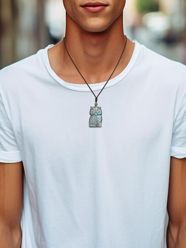 جيكرست قلادة بومة كريستال لابرادوريت منحوتة من حجر الكريستال الطبيعي العلاجي للرجال والنساء، قلادة من الاحجار الكريمة للطاقة، قلادة كريستال هدية للكريسماس، احجار كريمة in Kuwait