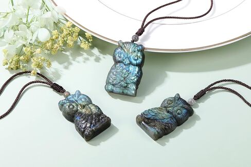 جيكرست قلادة بومة كريستال لابرادوريت منحوتة من حجر الكريستال الطبيعي العلاجي للرجال والنساء، قلادة من الاحجار الكريمة للطاقة، قلادة كريستال هدية للكريسماس، احجار كريمة in Kuwait