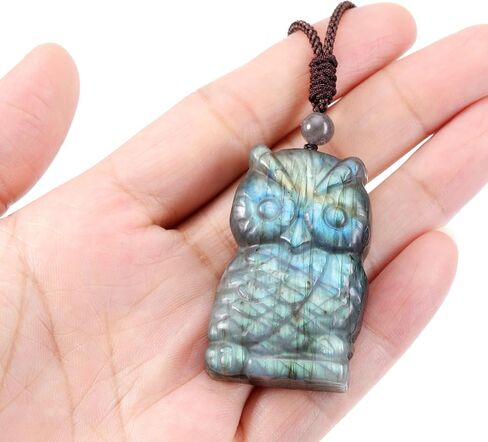 جيكرست قلادة بومة كريستال لابرادوريت منحوتة من حجر الكريستال الطبيعي العلاجي للرجال والنساء، قلادة من الاحجار الكريمة للطاقة، قلادة كريستال هدية للكريسماس، احجار كريمة in Kuwait